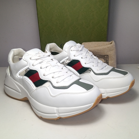 NEW GUCCI RHYTON EVOLUTION CUT-OUT SNEAKERS WHITE WEB LOGO SZ 38.5 - Picture 2 of 16